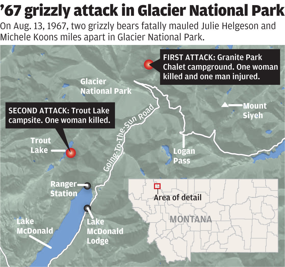 Map of the '67 bear attack in Glacier National Park